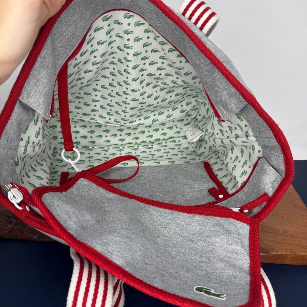 Y2K Lacoste Tote Bag Gray Sweatshirt Red Striped Velvet Crocodile Logo - Picture 6 of 13